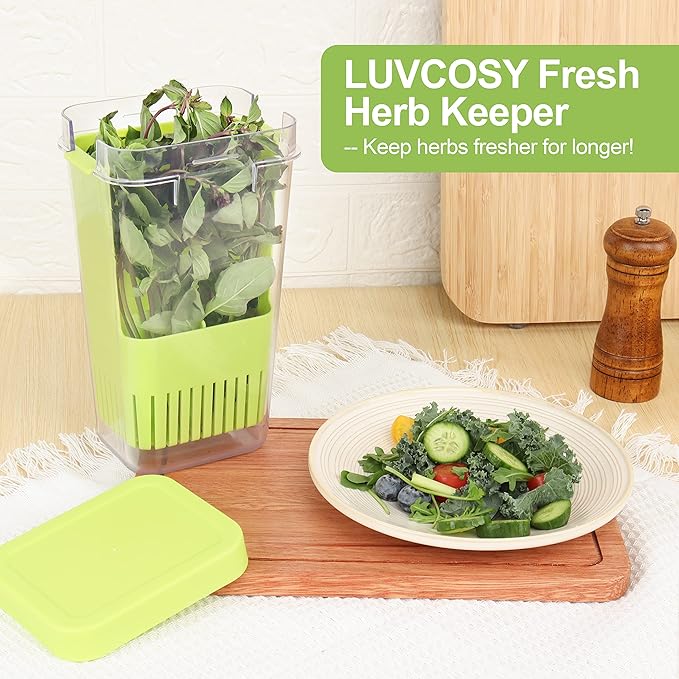 LUVCOSY Herb Keeper, BPA-Free Plastic Herb Saver with an Inner Basket for Cilantro, Mint, Parsley, and Asparagus, Keeps Fresh Herbs for 3 Times Longer,1Pcs, Green