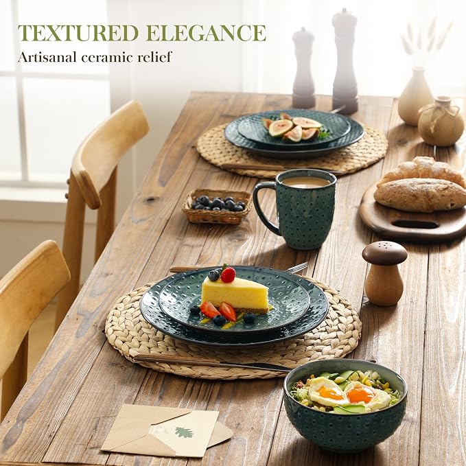 MALACASA 16 Pieces Dinnerware Sets, Farmhouse Plates and Bowls Sets, Embossed Green Dish Set for 4, Vintage Relief Ceramic Dish Set with Mugs, Microwave and Dishwasher Safe, Series LYDIA