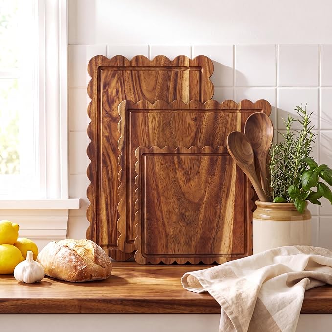 3 Pcs Acacia Wood Scalloped Cutting Boards for Kitchen, Large | Juice Groove, Blank Wood Charcuterie Tray, Snack Cheese, Appetizers Grazing Platter, Engraving Gift, Crafts Rustic Wall