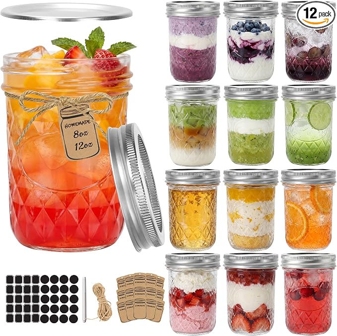 CycleMore 12 Pcs 8oz Clear Glass Mason Jars With Silver Separable Lids, Mini Glass Jars, Small Canning Jars for Gift Honey, Jam, Jelly, Wedding Favors, Kitchen Food Storage