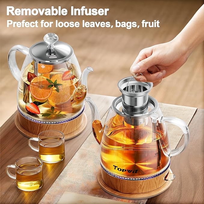 Topwit 1L Glass Electric Kettle, Gooseneck Electric Tea Kettle, BPA-free | Removable Stainless Steel Tea Infuser, Auto-Shut Off, Boil-Dry Protection, Dual-Purpose For Hot Water, Tea & Coffee, Wood
