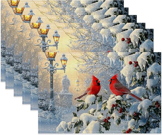Table Placemats Set of 6,Winter Cardinal Birds Cloth Placemats,Christmas Holiday Heat-Resistant Table Mats for Kitchen Dining Room Decoration,Non-Slip Fabric Place Mats 11.8x17.7 Inch