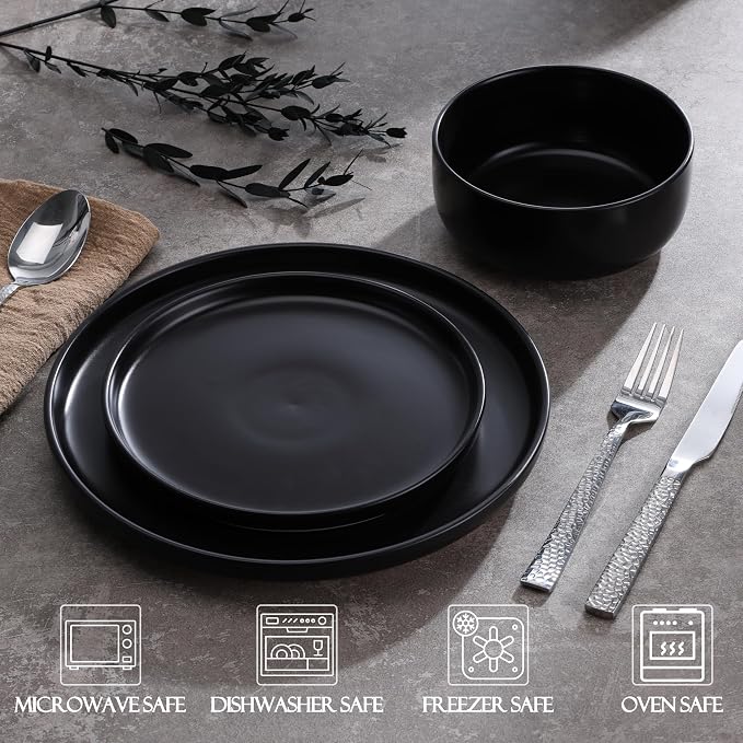 LIANYU Plates and Bowls Sets for 8, 24 Piece Stoneware Dinnerware Set, Porcelain Dishware for Kitchen and Dining, Microwave Oven Dishwasher Safe, High temperature & Scratch Resistant, Matte Black
