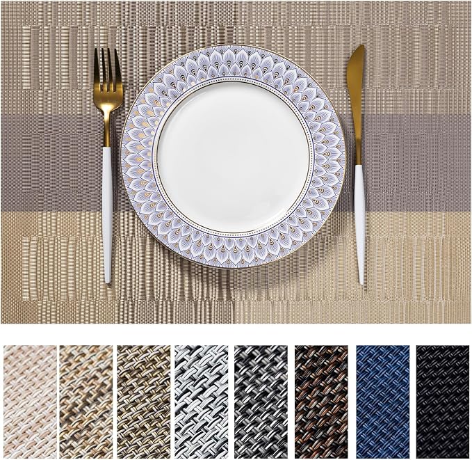 LEXMORE Placemats Set of 6 Vinyl/Plastic Woven Place Mats for Kitchen Table Indoor/Outdoor Washable Placemat Wipeable Dining Table Mats(Gold Dune)