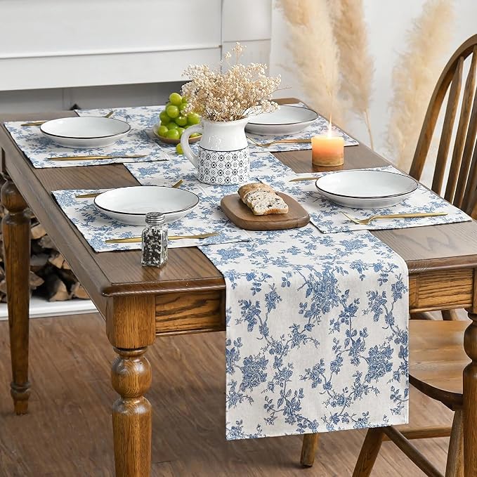 Pastoral Placemats for Dining Table Set of 6, Reversable & Heat-Resistant Non-Slip Place Mats for Kitchen Table Mats 13 x 19 Inch, Floral (Dark Blue)