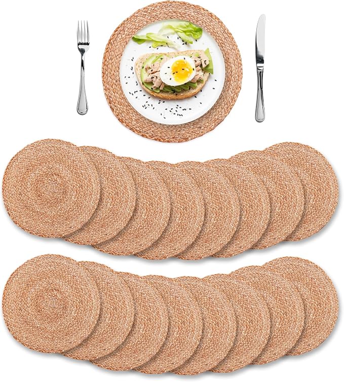 Natural Jute Placemats Set of 16, Round Woven Table Mats, 13 Inch Rattan Charger Plates, Bulk Set for Weddings, Parties & Events