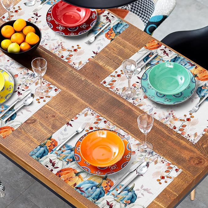 Fall Placemats for Dining Table Set of 4, Autumn Pumpkins Leaves Thanksgiving Harvest Washable Cloth Farmhouse Decorative Kitchen Table Mats 12x18 Inch for Seasonal Home Party Outdoor
