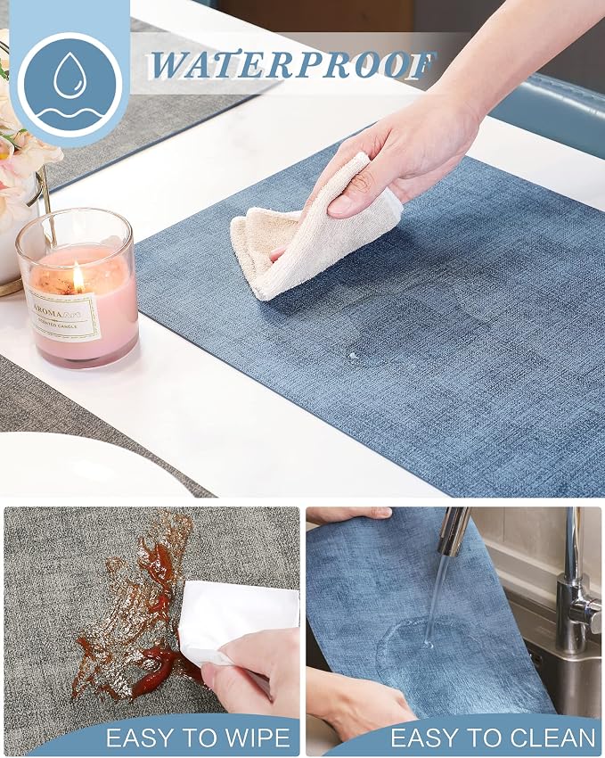 Leather Placemats Table Mats Set of 6, Denim Blue & Smoky Gray | Reversible Non-Slip Table Placemats, Heat-Resistant and Waterproof for Dining Kitchen and Holiday Parties