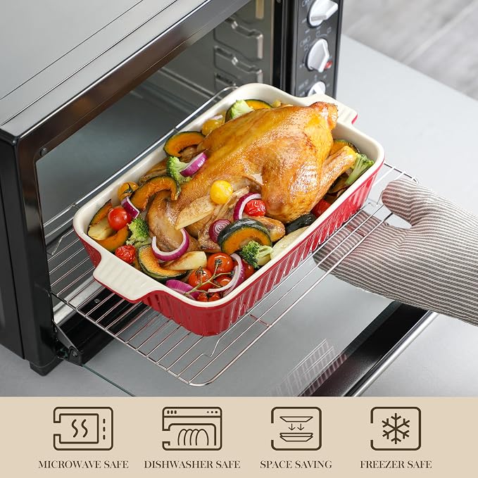 MALACASA Ceramic Casserole Baking Dishes Set of 4, Red with Handles | Rectangular Lasagna Pan Bakeware for Roasting Vegetable, Cake, Housewarming Gift, Oven Dishwasher Safe 9.4/11.1/12.2/14.7"