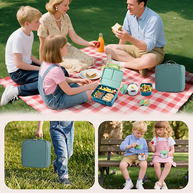 Bento Lunch Box for Kids with Thermo, Leakproof Bento Box with 8oz Insulated Food Jar, Lunch Bag, BPA Free Dishwasher Safe 4 Compartment Container for School Girls Boys (Green)