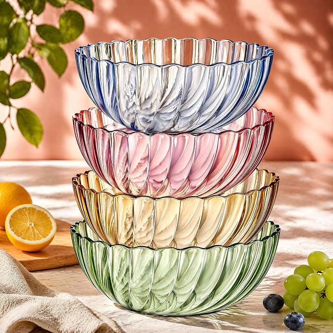 Fasmov 4 Pack Plastic Serving Bowls, Plastic Salad Mixing Bowls, 74oz Break Resistant Plastic Bowls for Salad, Fruit, Popcorn, Chip and Dip, Multicolor