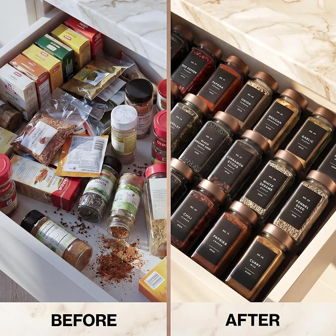 Glass Spice Jars with Label, 24x Champagne Bronze Steel Lids | Airtight Lids keep spices fresh, Kitchen Spice Drawer Organizer, 4oz Seasoning Containers incl. Funnel, Brush & 240 Labels