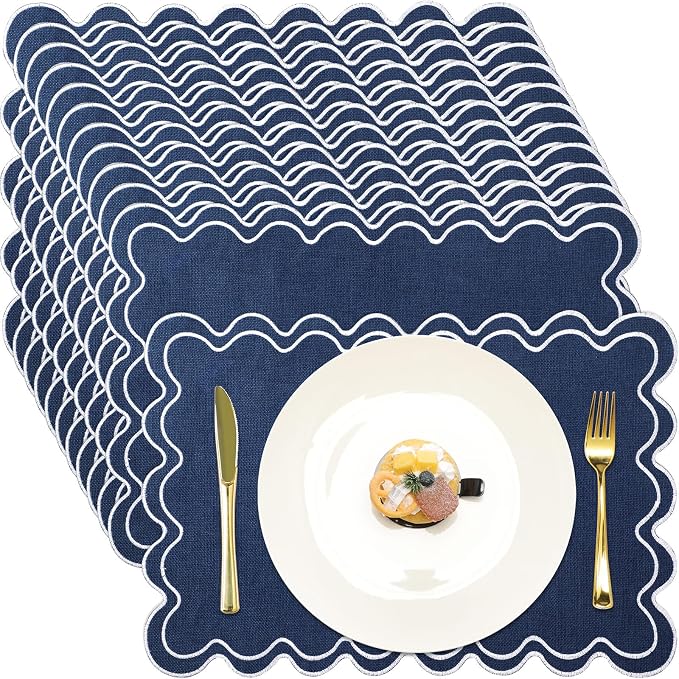 Linen Placemats Set of 12 Scalloped Placemat 13 X19 Wavy Embroidery Double Layered Washable Farmhouse Dinner Fabric Table Mat Napkin for Wedding Party Restaurant(Regular,Navy Blue)