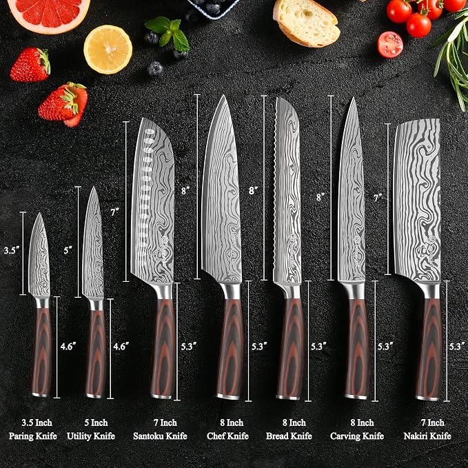 Kitchen Knife Set 7 Piece Chef Knife Set Professional High Carbon Stainless Steel, Sharp Kitchen Knives with Wooden Handle