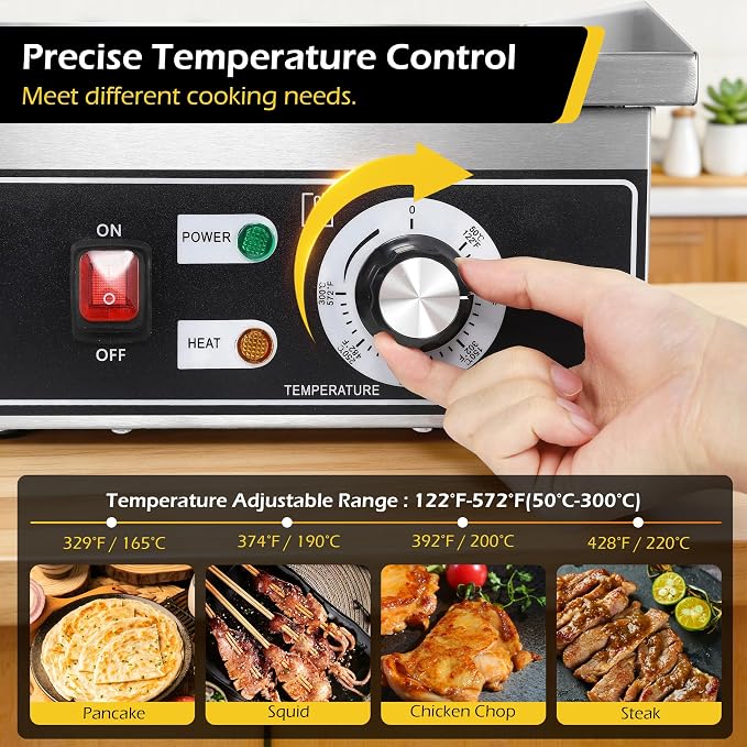 Dyna-Living Electric Griddle 22''Flat Top Grill Commercial Teppanyaki Grill | 3000W Countertop Flat Top Griddle Stainless Steel Electric Griddles, Non-Stick, Easy to Clean, 122℉-572℉ Temp Adjustable