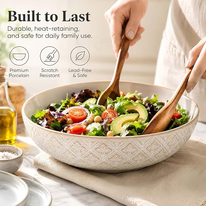 22 Oz Pasta Bowls Set of 4, Ceramic Soup Bowls, 8 inch Large Serving Bowl, Porcelain Kitchen Embossed Dish for Salad, Fruit, Rice, Desserts, Housewarming Wedding Gifts, Dishwasher Safe