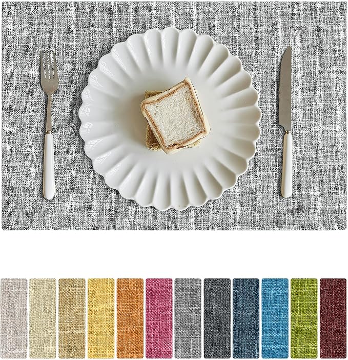 Softalker Faux Linen Placemats Set of 6-12 x 18 Inch, Heat Resistant Double Layered Durable Burlap Farmhouse Place Mats, Non-Slip Washable Rustic Table Mats for Dining, Kitchen, Party（Ash Grey