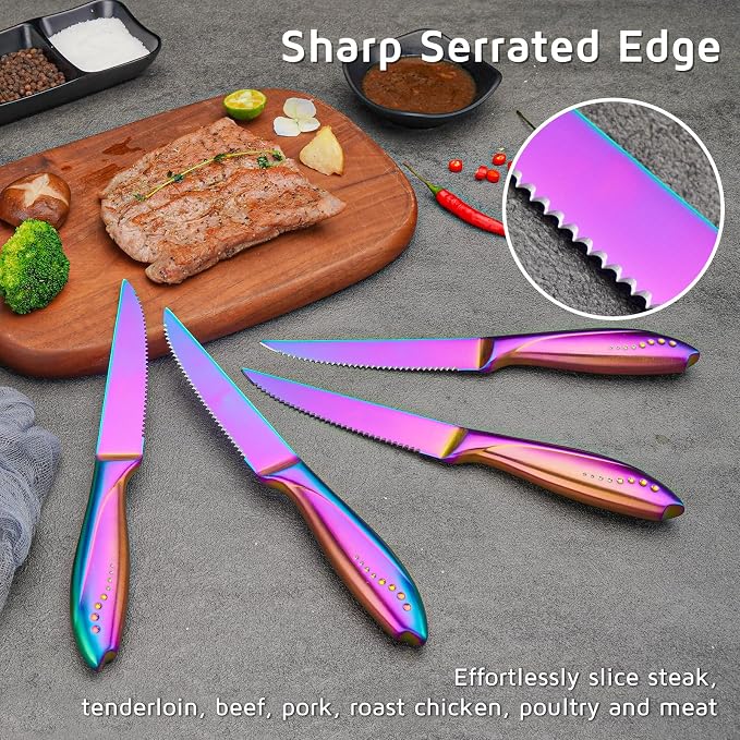 WELLSTAR Steak Knives Set of 8 with Wood Block, 4.75 Inch Rainbow Serrated Steak Knife Set, Razor Sharp German Stainless Steel with Full Tang Handle, Space Saving Steak Knife Set