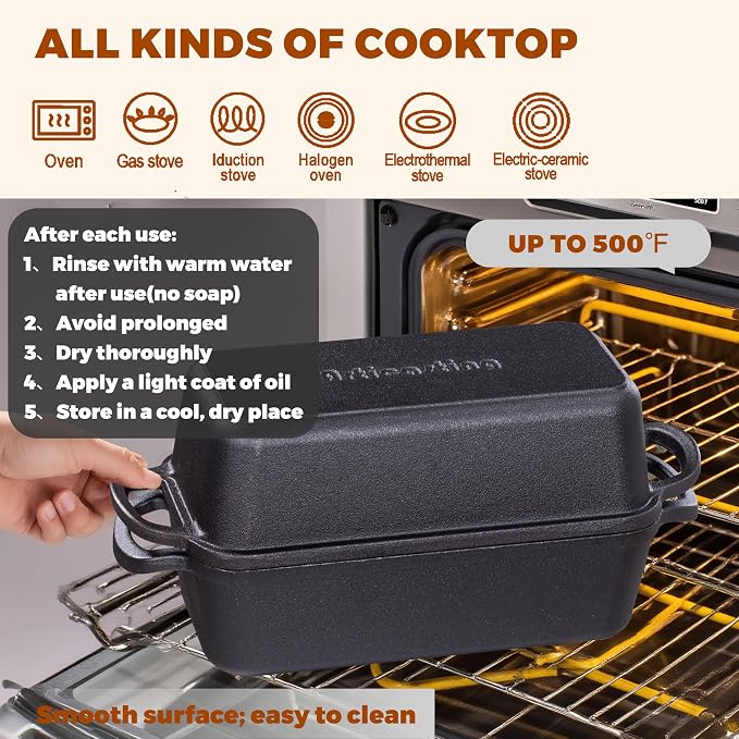 Cast Iron Loaf Pan with Lid, 11x5 Inch 5.8 Qt Pre-Seasoned Pan | Large Heavy-Duty Cast Iron Loaf Pan with Lid for Sourdough Bread, 11x5 Inch 5.8 Qt, 2-In-1 Design, Even Heat Distribution