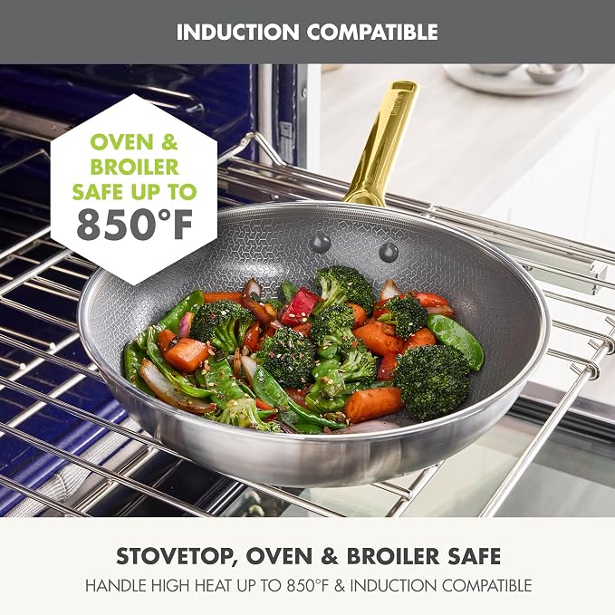 GreenPan Hybrid APEX 11" Tri-Ply Stainless Steel Wok, Ceramic Nonstick Pan | PFAS-Free Thermobond Nonstick Skillet, Induction & All Cooktop Compatible, Dishwasher & Oven Safe up to 850F, Stir Fry, Gold
