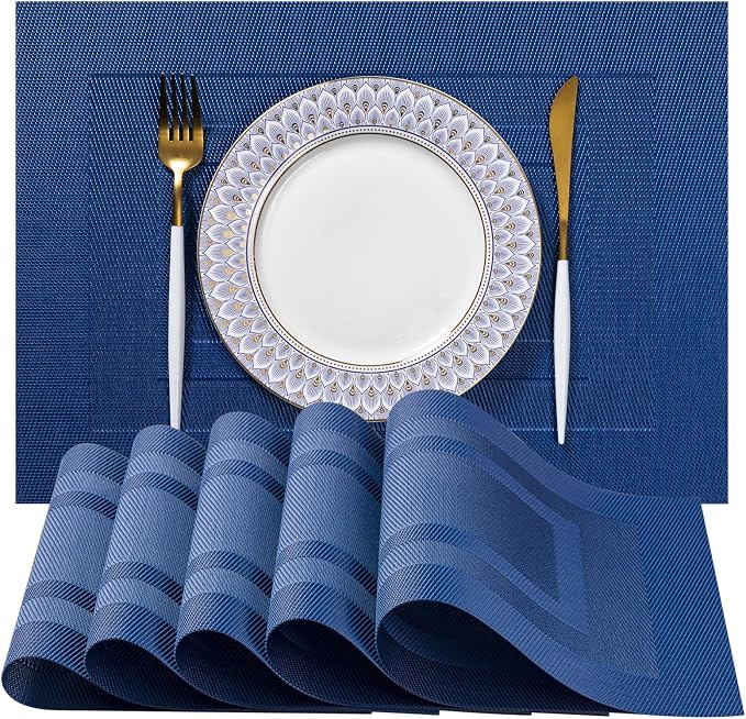 LEXMORE Placemats Set of 6 Vinyl/Plastic Woven Place Mats for Kitchen Table Indoor/Outdoor Washable Placemat Wipeable Dining Table Mats(Navy Cube)