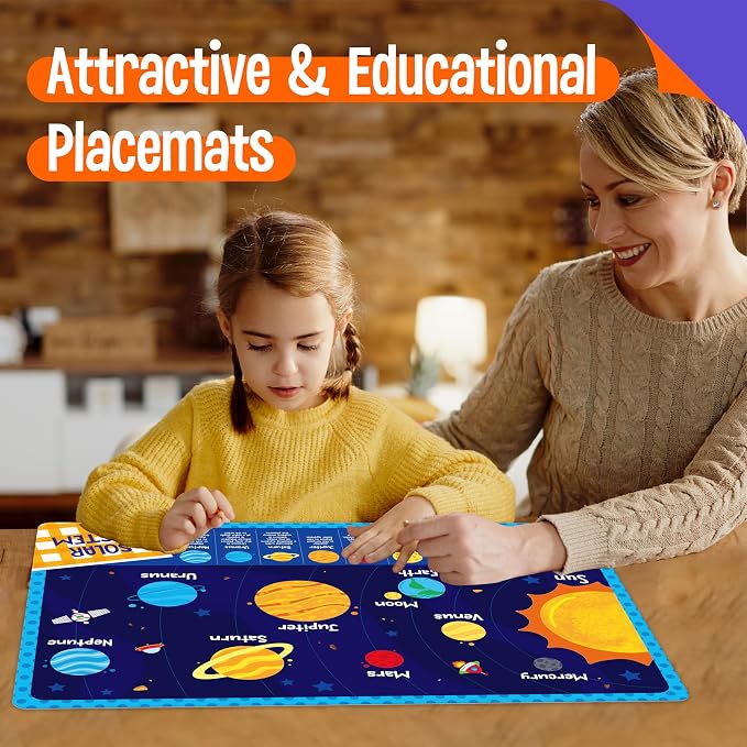 4 Pack Placemats for Kids, Non-Slip Washable Table Mats, Double-Sided Reusable Universe, Alphabet, Numbers, Map of USA & World Educational Placemats for Home, Kindergarten, Classroom, Nursery