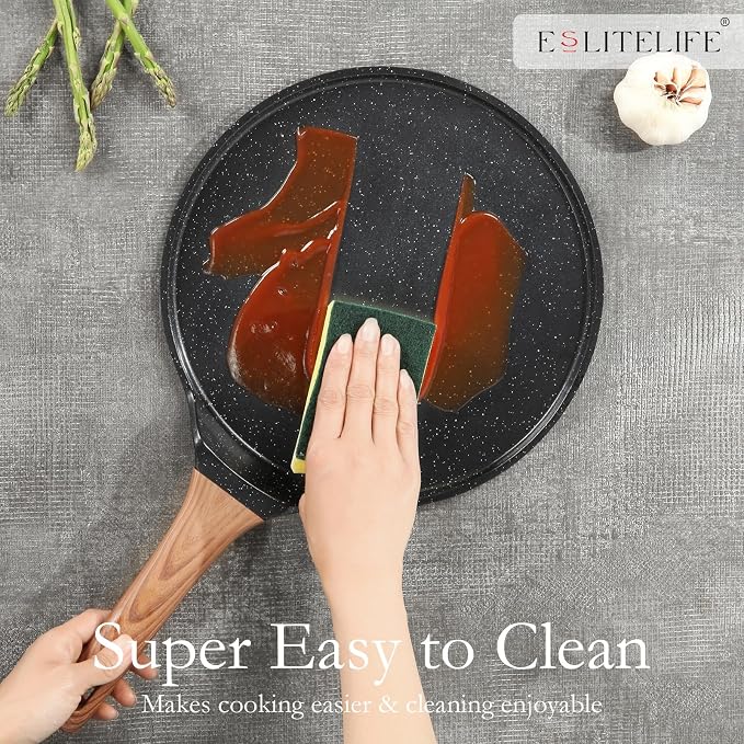 ESLITE LIFE Nonstick Crepe Pan Set with Spreader, 9.5 & 11 Inch Granite Coating Flat Skillet Dosa Tawa Comales Para Tortillas Pancake Pan, PTFE & PFOA Free, Black