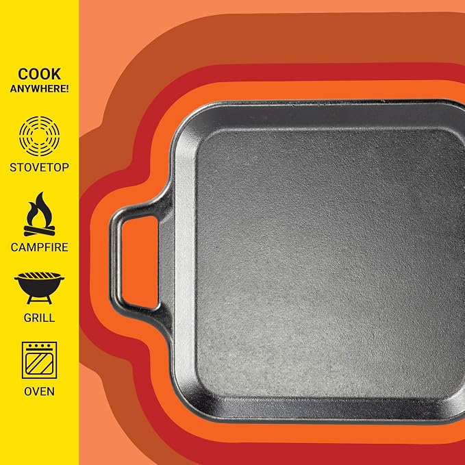 Lodge BOLD 12 Inch Seasoned Cast Iron Square Griddle with Loop Handles, Design-Forward Cookware