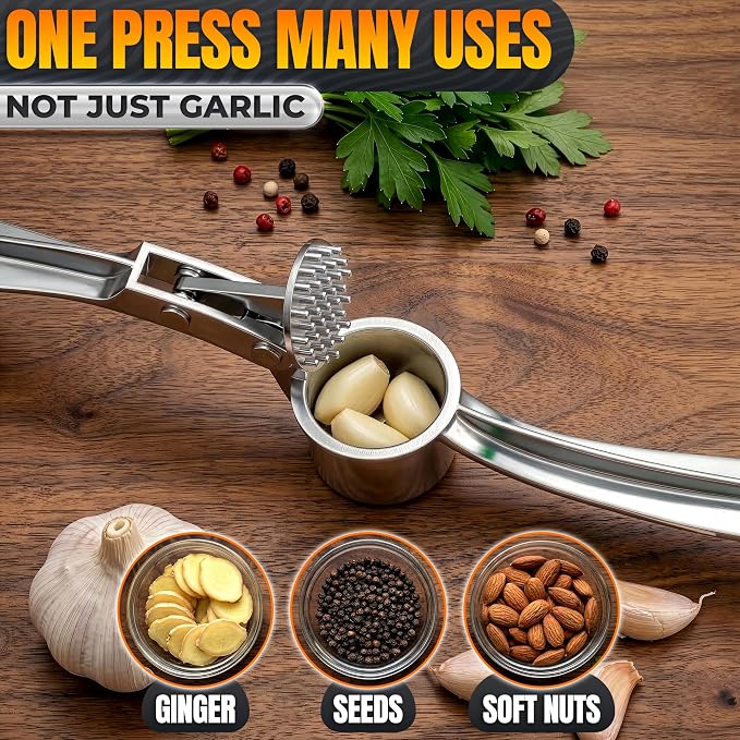 Metal Garlic Press - Ginger Mincer with 37 Built-In Studs for Maximum Extraction, Garlic Crusher for Ginger and Soft Nuts, Rust-Resistant, Ergonomic Handle, No Peel Needed, Hand Wash Only, Silver