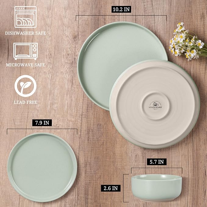 HaWare Dinnerware Sets, 12Pcs Plates and Bowls Set for 4, Asparagus Green