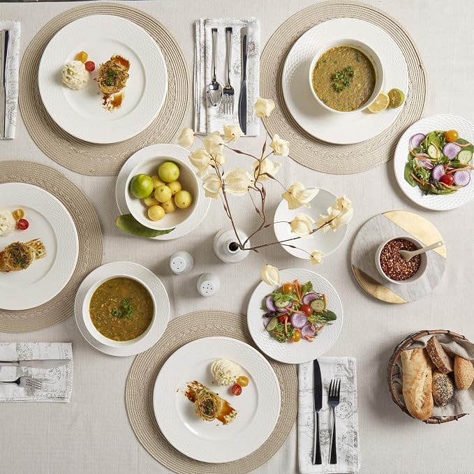 Tabletops Gallery Embossed Bone White Porcelain Round Dinnerware Collection- Chip Resistant Scratch Resistant, Dubai 12 Piece Dinnerware Set (Dinner Plate, Salad Plate, Cereal Bowl)