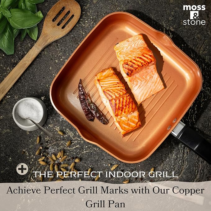 Moss & Stone 9.5" Grill Pan For Indoor Cooking, Induction Copper Pan | Aluminum Square Frying Pan Copper, Non-Stick Sauté Fry Pan for Meats & Vegetables, Griddle Nonstick Stove Top Grill Pan