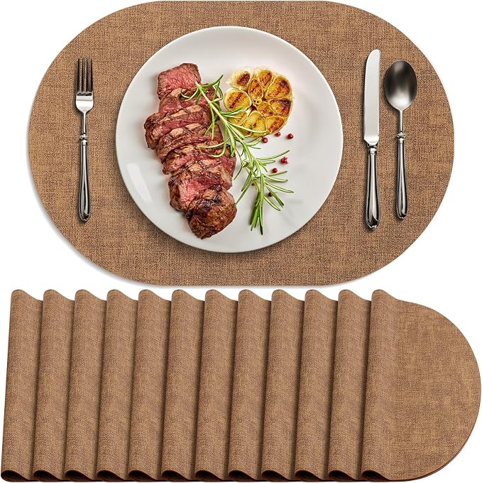 Placemats Set of 12 - Washable Heat Resistant Table Placemats - Wipeable Faux Leather Oval Place Mats, Waterproof Table Mats for Dining Table, Brown