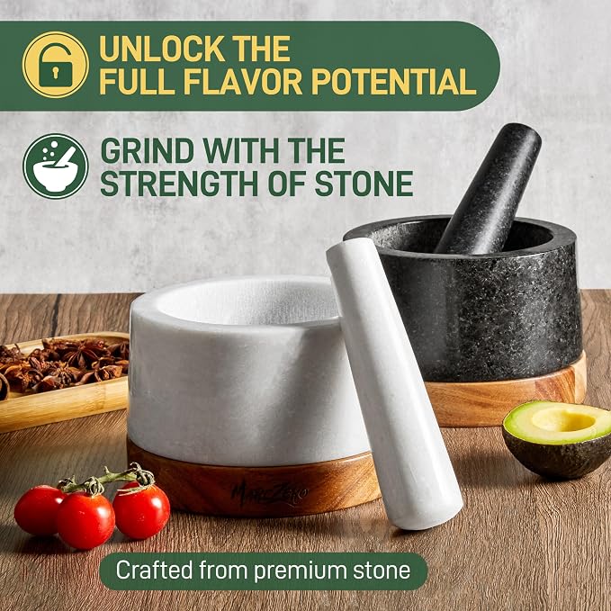 MarcZero 6inch Large Mortar and Pestle Set with Anti-Scratch Wooden Base | Heavy Duty Mortar and Pestle Made of Natural Marble(White)
