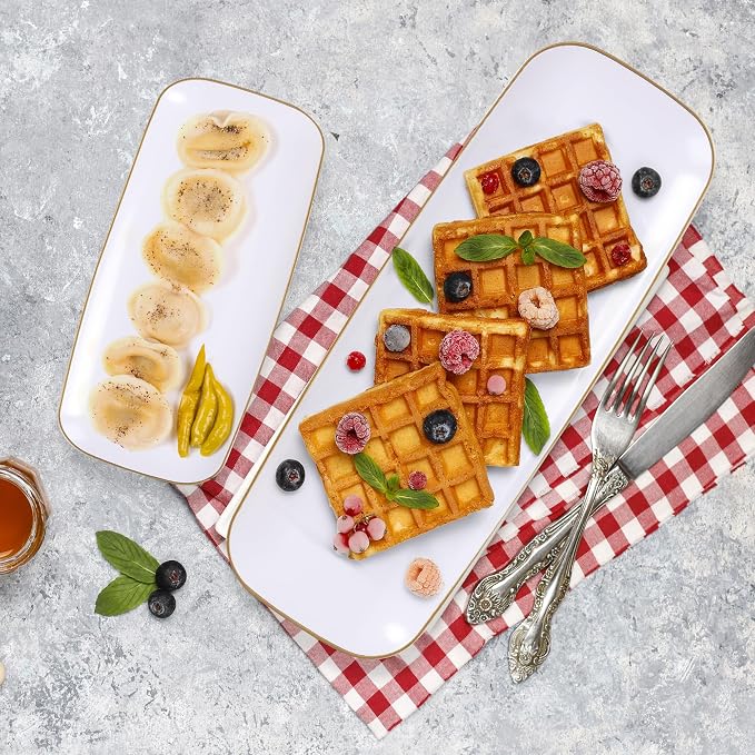 R-kay 4 Pack Plastic Serving Trays - White & Gold - 17 x 6.5 in - Heavy Duty Dessert Trays - Rectangular Party Platters