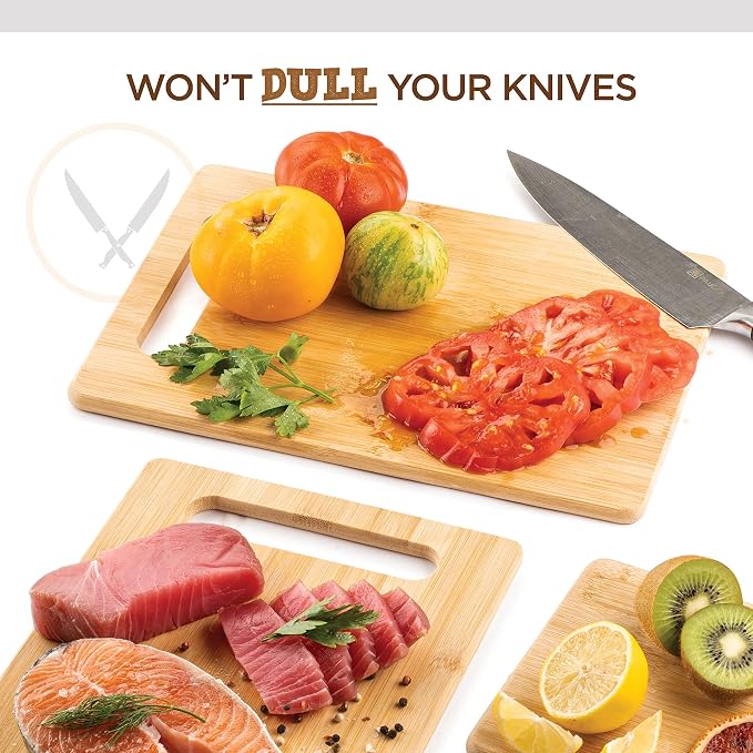 Bamboo Cutting Boards for Kitchen - Set of 3 Reversible Wood Cutting Boards with Handle, Large Medium Small Chopping Boards for Meat Vegetables Fruit Cheese Bread, Knife Friendly, 13x9.5 11x8.5 8x6