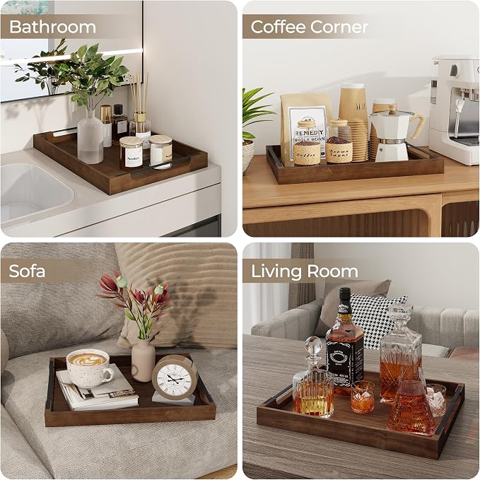 Wooden Serving Tray with Metal Handles|Ottoman Tray for Breakfast, Bed, Couch|17x13in Ash Wood Coffee Table Trays|Food Drinks Decorative Storage Boards for Ottoman Kitchen, Walnut