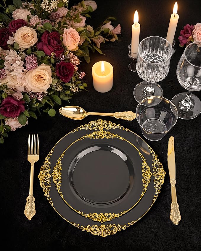 Nervure 175Pcs Black Plastic Plates, Disposable Party Plates for 25 Guests | 25 7.5" Dessert & 25 10.25" Dinner Plastic Plates, 75 Gold Cutlery, 25 9oz Cups, 25 Napkin for Wedding, Party & Retirement