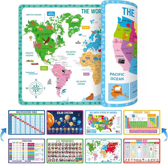 4 Pack Double-Sided Placemats, Washable & Reusable Table Mats -Math, Universe, Periodic Table, US President, Human Body, Map of USA & World Educational Placemats for Home, Kindergarten, Classroom