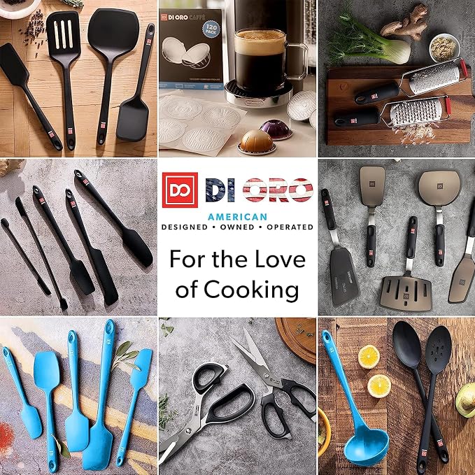 DI ORO Silicone Cooking Spoons - Solid & Slotted Set, 2-Pc Blue | Large heads for mixing, serving, and stirring; Heat-resistant to 600F for nonstick cookware; BPA-free and dishwasher safe