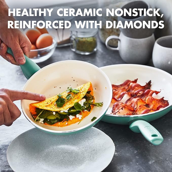 GreenPan Rio Healthy Ceramic Nonstick 8" and 10" Frying Pan Skillet Set, PFAS-Free, Dishwasher Safe, Turquoise
