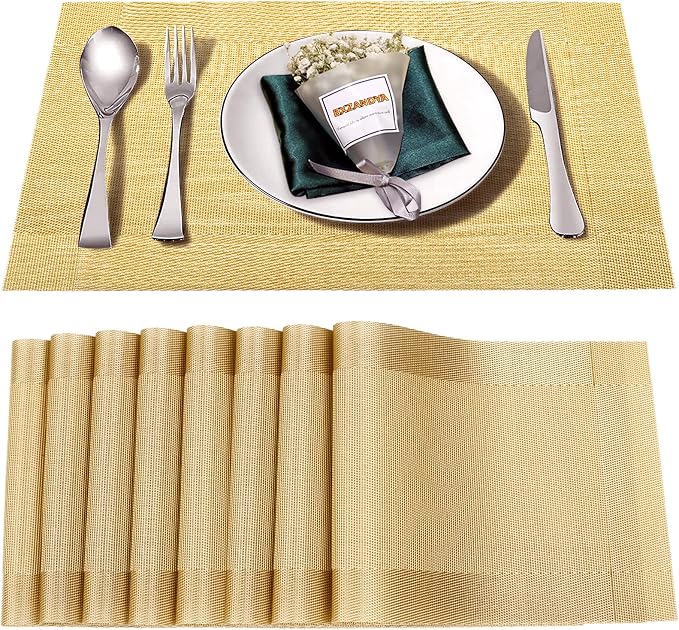 Gold Vinyl Placemats Set of 8,Washable Dining PVC Table Mats | Heat resistant, stain resistant non slip vinyl place mats, washable gold table placemats for dining table