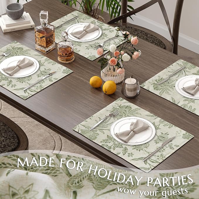 JINCHAN Sliva Linen Floral Placemats Set of 4 Farmhouse 13x19 Sage Green | Fabric Placemats, Cottage Style, Painterly Floral Pattern, Machine Washable, Easy to Store, Reusable