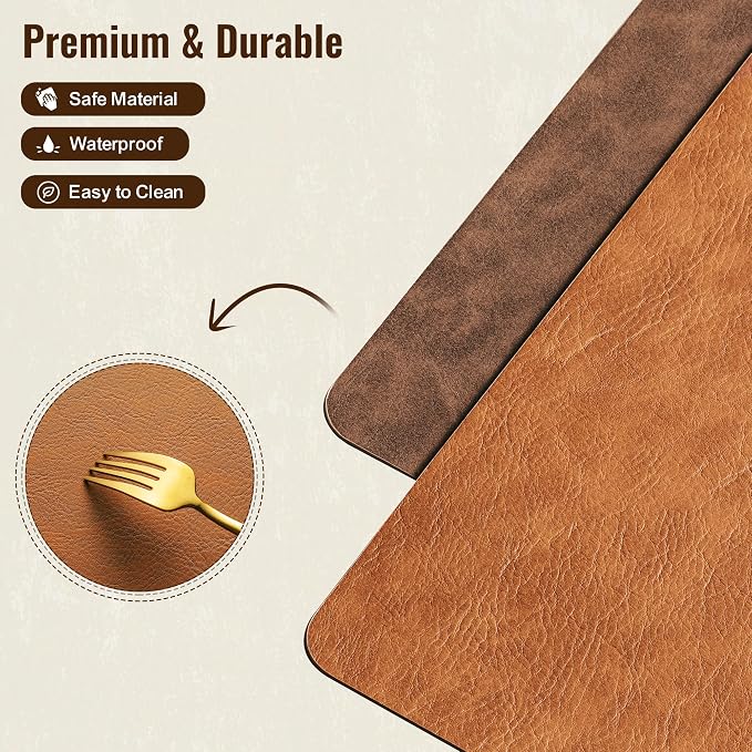 Placemats Set of 8, DOLOPL Reversible Dual-Color Faux Leather Place Mats 17"x11.8"– Waterproof, Heat Resistant, Washable & Wipeable, Luxury Retro Style for Kitchen Dining Table (Reddish Brown & Brown)