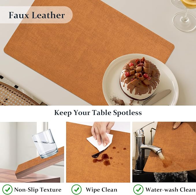 FROMHEART Faux Leather PU Placemats Set of 6 (Orange Grey,11.8" x 17") | Waterproof,Heat/Oil Stain-Resistant Table Mat–Reversible,Non-Slip,Easy to Clean Place Mats for Kitchen,Dining,Indoor/Outdoor