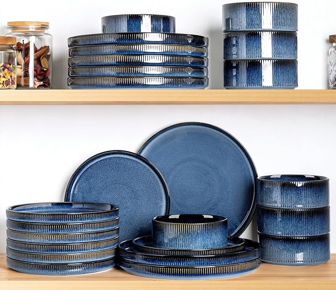 Ceramic Dinnerware Set for 8, 24-Piece Plates and Bowls Set | Lightweight Porcelain Dish Set, Scratch Resistant, Oven & Microwave & Dishwasher Safe, Starry Blue