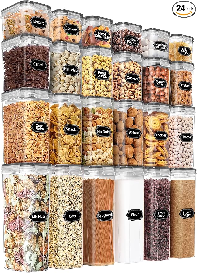 PRAKI Airtight Food Storage Containers Set with Lids - 24 PCS, BPA Free | Multiple Sizes Cereal Containers Storage Set, Pantry Organizers and Storage for Cereal Flour & Sugar - Labels & Marker (Grey)