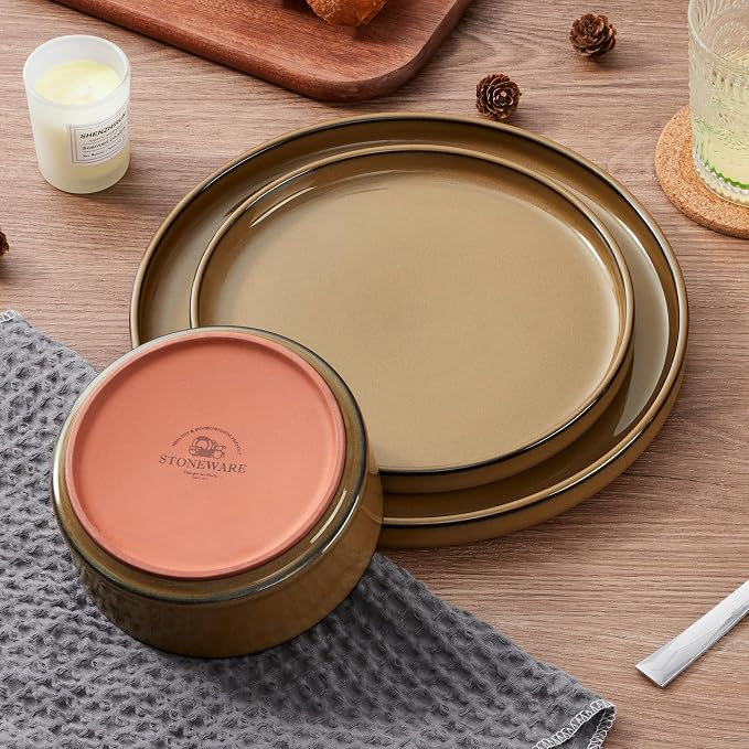 LIANYU Dinnerware Sets for 4, 12 Piece Modern Stoneware Dishes Set | Elegant Plate and Bowl, Ceramic Dining Dishware for Dinner, Rustic Terracotta Bottom, Microwave & Dishwasher Safe, Amber Gold