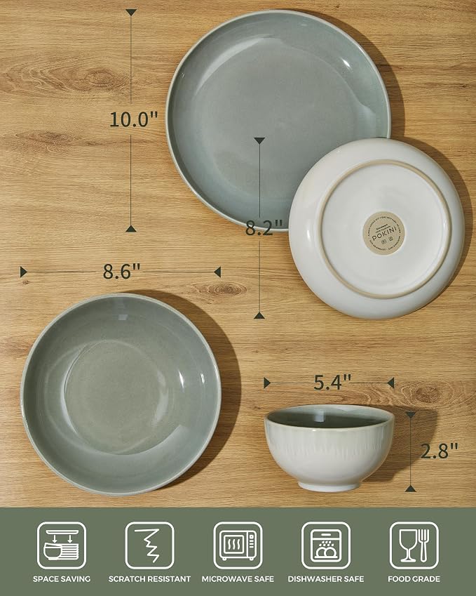 32 Piece Double Bowl Dinnerware Sets with Pasta Bowls, Highly Chip and Crack Resistant Plates and Bowls Sets, Natural Earthyware Ceramic Dishware Sets, Service for 8 Gradient Green