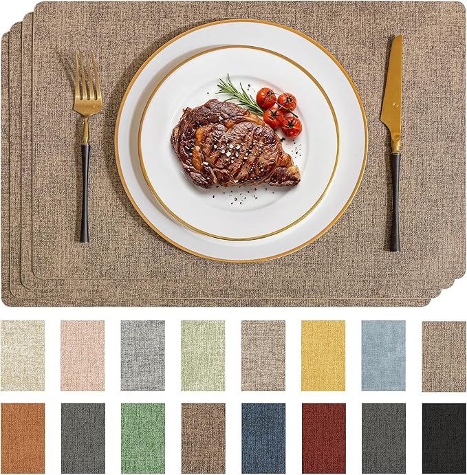 Romanstile Vinyl Placemats Set of 4-12 X 17 Inch - Faux Leather 100% Waterproof Wipeable Anti Slip Place Mats, Heat Resistant Reversible PU Table Mats for Kitchen Dining Party Outdoor, Coffee